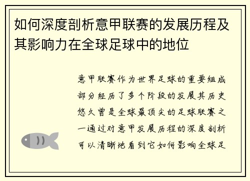 如何深度剖析意甲联赛的发展历程及其影响力在全球足球中的地位