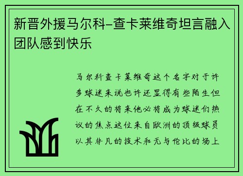 新晋外援马尔科-查卡莱维奇坦言融入团队感到快乐