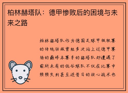 柏林赫塔队：德甲惨败后的困境与未来之路