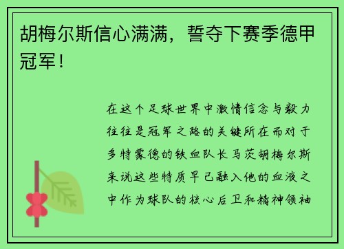 胡梅尔斯信心满满，誓夺下赛季德甲冠军！