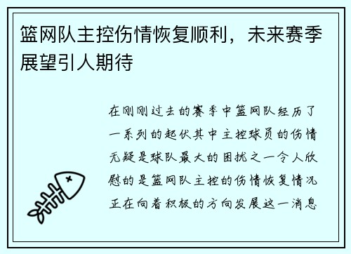 篮网队主控伤情恢复顺利，未来赛季展望引人期待